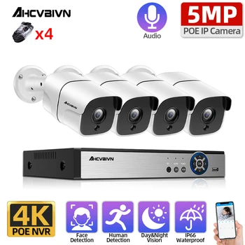 H. 265 4CH 4K HD POE NVR Комплект 5MP CCTV Система за Сигурност, Аудио AI IP Камера за Външен Дневно/Нощно Виждане P2P Комплект за Видеонаблюдение HDD