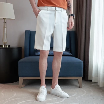 Нови модни мъжки бели къси панталони-бермуди с подходящ колан, летни преки, къси панталони с дължина до коляното в корейски стил