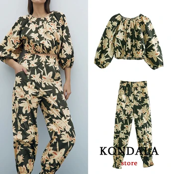 Дамски костюми KONDALA, реколта къса блуза с флорални принтом Za и дълги панталони с еластичен ластик на кръста, в пролетната мода 2021, дамски комплекти