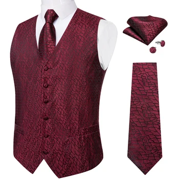 Официален червен луксозен бизнес жилетка за мъжете, аксесоар за смокинг, модерен коприна мъжка жилетка с квадратна джоб, копчета за ръкавели, жилетка Homme