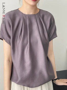 Дамска блуза LANMREM с кръгло деколте и къси ръкави, обикновен тънък пуловер, блузи, ежедневни дамски дрехи 2023, Лятна новост 2YA2933