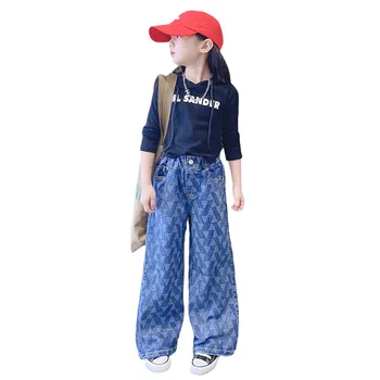 Модни дрехи за момичета, пролетните нови ежедневни жакард дънки, корейски свободни дънкови панталони с еластичен ластик на талията, широки панталони за тийнейджъри 4-14 години