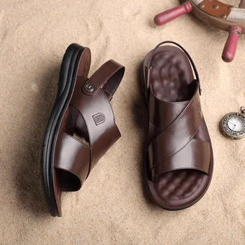Мъжки сандали, летни нови модни мъжки чехли-пързалки, нескользящая обувки от естествена кожа, плажни сандали-слипоны, пътни чехли