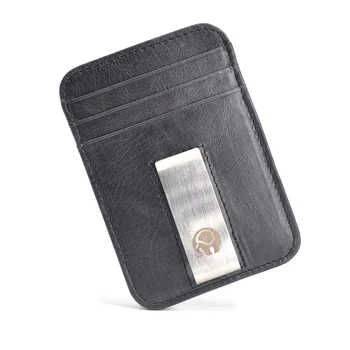 Ретро Унисекс от телешка кожа ID Титуляр за кредитни карти с клипове за пари от неръждаема стомана с Тънък висок клас джоб на чантата Титуляр за брой