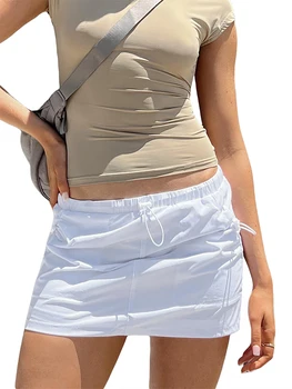 Реколта дамски пролетно-летни мини-шорти-карго Y2k, обикновена ежедневни сексуални тънки поли с ниска талия и завязками