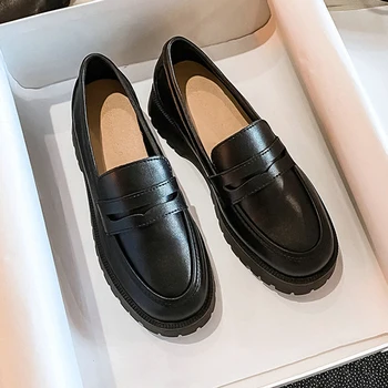 Дамски лоферы от естествена кожа на платформа, обувки в британския стил за колеж, фини обувки с дебела подметка, С кръгло бомбе, Лоферы, Мързелива обувки A29-67