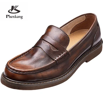 Phenkang/мъжки ежедневни луксозна марка обувки в стил ретро от естествена телешка кожа, дизайнерска работа обувки, трендови мъжки мокасини