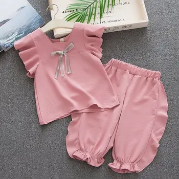Летен комплект дрехи с розови ръкави и набори за момичета, модни блузи с дълги панталони, детски дрехи, дрехи за малките момичета