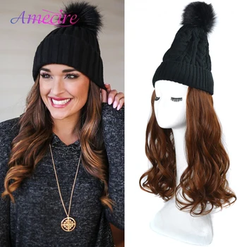 Свалящ шапчица-бини с перука за жени, кафяв синтетични перука с дълги вълнообразни коси, топла мека вязаная есенно-зимна шапка с коса