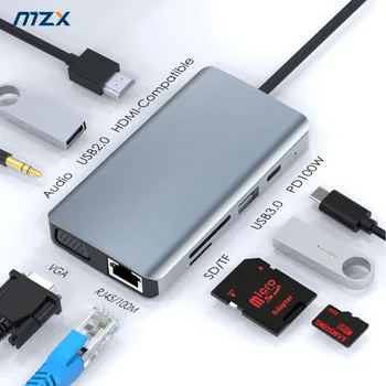 Докинг станция MZX 9-в-1, съвместима с 4K, HDMI, VGA аудио Type C, USB hub, Сплитер, 3 0, 2,0, 3,0, адаптер-хъб, докинг станция, удължител