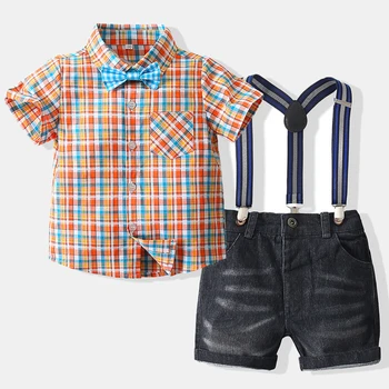 Летни Детски дрехи, Комплект дрехи за малки момчета, корейската Мода Клетчатая фланелка с къс ръкав + Дънкови къси панталони, Бебешки Дрехи BC2383-1