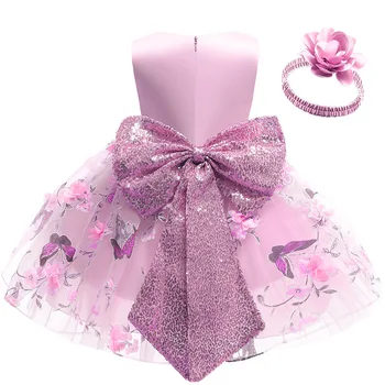 2 бр. детско принцеса рокля с бродерия в формата на пеперуда и цвете + превръзка на главата за малки момичета, рокли за партита в чест на Деня на раждане, Кръщение, официалната елегантно облекло