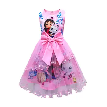 Годишният кукла костюм Gabbys за малко момиче, дантелено рокля, модерно детско принцеса рокля с лък и принтом, бебешко облекло-туника