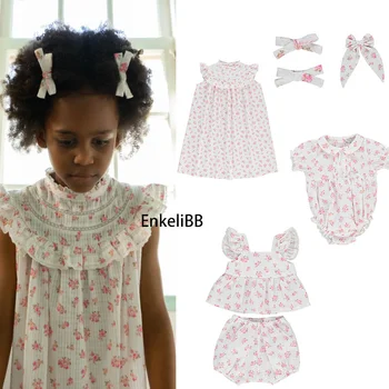 Комплекти памучни блузи и шаровар с цветен модел за момичета от EnkeliBB, детска марка дрехи bebe, костюми за лятото на малки деца