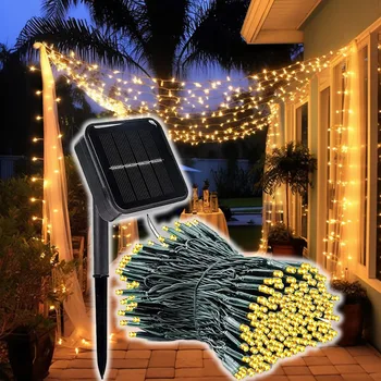 Венец на слънчеви батерии, страхотна гирлянди, 100/200 светодиоди, 8-защитен уличен градински лампа за коледното сватбени партита, декорация във формата на венец,