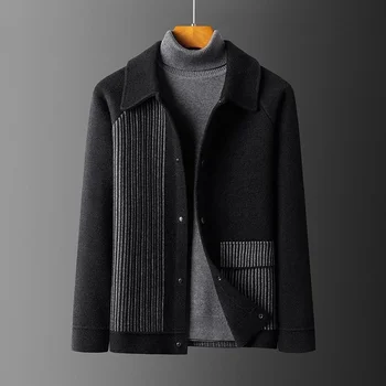 Есенно-зимния висококачествено палто-яке 2023, мъжко вълнена палта с ревери, моден тренд в ивица, съчетание на цвят, вязаный пуловер, жилетка