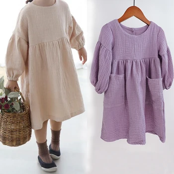 Есенно-пролетно детски дрехи от органичен памук с двойни газови джобове, дрехи за малките момичета, модерни дневни детски рокли на принцеса