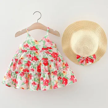 Лятна детска рокля с шапка-лък и цветисти принтом, рокли-слинги трапецовидна форма за деца, памучен дрехи за момичета, плажен сарафан за бебета