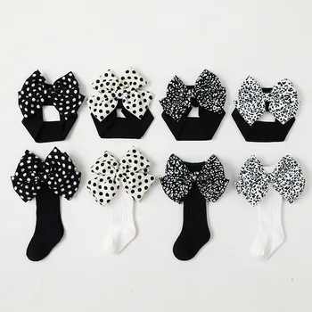 FOCUSNORM/ Сладки Чорапи 4 цвята за малки момичета + Превръзка на главата Грах/Гамаши до коляното с леопардовым принтом и лък от 0 до 2 години