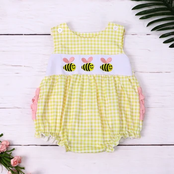 Жълт популярна дрехи за малките момичета, гащеризон с бродерия пчела, бродерия с няколко бантиков, casual стил, лилаво