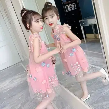 2023 Летни детски шифоновые рокли-чонсам в китайския етнически стил, с кръгло деколте и ръкави-мухите от 2 до 10 години, летни детски рокли-чонсам в китайския етнически стил за момичета Q454