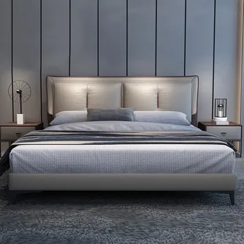 Италианската минималистичная модерна проста светла луксозна спалня 1 м 8 кожено легло с осветление за 2 лица мебели с кутия за съхранение