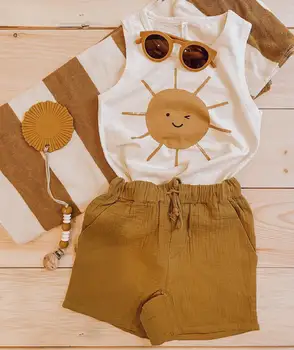 NewToddler/ комплект летни дрехи за малките момичета и момчета, жилетка без ръкави, с кръгло деколте и принтом Слънце + къси Панталони с джобове за разтеглив ластик на талията