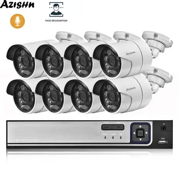 AZISHN 8CH POE NVR Комплект Система за Видеонаблюдение Разпознаване на лица H. 265 5-Мегапикселова Аудиозапис Всепогодная IP камера Комплект за Видеонаблюдение