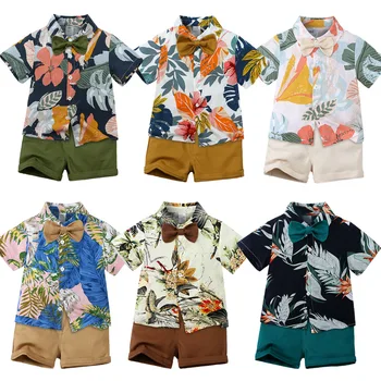 Хавайска риза с цветен модел 2023, Годишен европейски и американски детска жилетка с къси ръкави и цветен модел, къси Панталони за момчета, Комплект от две части