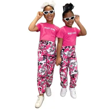 Летни Спортни костюми от 2 теми за деца 2-8 години, ежедневни Блузи с принтом за Малки Момичета + Камуфляжные Спортни Панталони, Комплекти, Дрехи За момичета