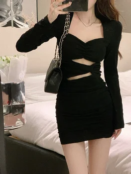 2023 Черно Дебнещ Рокля, бельо есен кратко вечерна рокля с дълъг ръкав, Офис женски однотонное Елегантна винтажное мини рокля Y2k в корейски стил