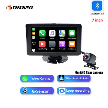 TOPSOURCE 7-инчов глобалната мрежа 5G, жичен Apple Carplay и Android Auto с камера на арматурното табло, автомобилен видеорекордер, автомобилен навигатор