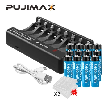 PUJIMAX AA 1,5 V 3400mWh Литиево-йонна Акумулаторна Батерия С 8-слотным Литиевым Зарядно Устройство, USB-Кабел С 8 бр. За Играчки-Фенерче