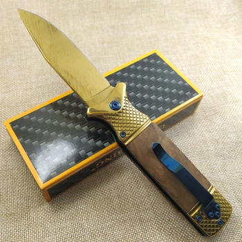 Дамасский сгъваем нож Златен цвят с дървена дръжка за оцеляване, Къмпинг, Лов, улични нож, джобен тактически универсален нож EDC Tool