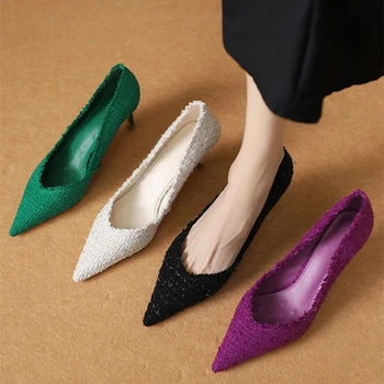 Модни обувки на висок ток с остър пръсти, есен 2023, нова уникална малка парфюм плат, тънък темперамент документален филм обувки за дамски обувки