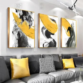 Абстрактни минималистичные цветни мастила Жълто сиво Черно Платно, картина, плакат, графика на стената в скандинавски стил, картини за всекидневната, домашен декор