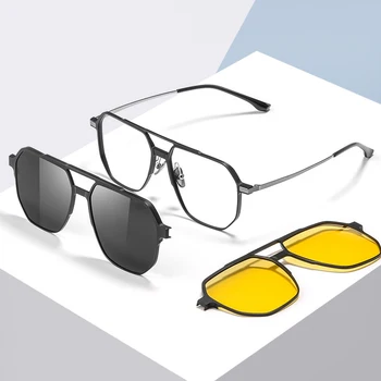 Мъжки модни квадратна алюминиево-магниевая рамки за очила 3 в 1 с поляризирани слънчеви очила на клипсах и крака от чист титан нощно виждане