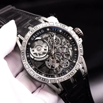 OBLVLO Луксозни мъжки часовник в стил steampunk с циферблат във формата на скелет, Автоматични мъжки часовник, Нови спортни състезания и механични часовници, сапфирен кристал, водоустойчив часовници