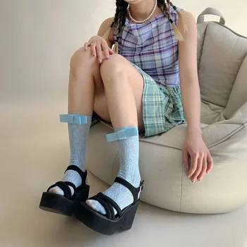 Чорапи в стил SP & CITY College с лък, лейси окото, средната тръба, женски тънки високи чорапи с цветна бродерия, дишаща открит чорап