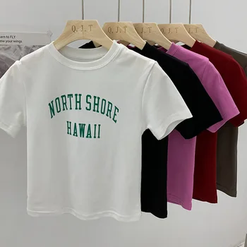 Основна памучен лятна риза, женска тениска с къси ръкави, висока еластичност, ежедневни однотонная женска тениска с кръгло деколте