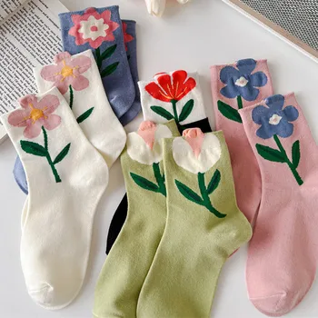 1 Чифт женски чорапи в японски корейски стил с анимационни цвете цвят карамел Harajuku Kawaii, чорапи със средна дължина дишащи ежедневни къси чорапи
