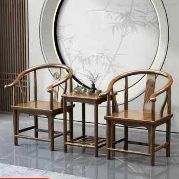 През цялата стол Taishi, комплект от три елемента, Нов китайски античен майстор на стол от масивно дърво, маса за хранене, стол от бряст, официалната шапка, единния стол