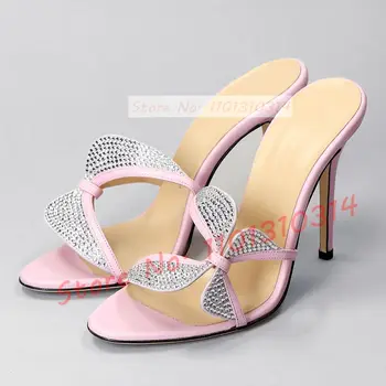 Дамски чехли на висок ток с кристали и пеперуди, нежно-розови елегантни летни обувки на висок ток 2023, ежедневни дамски луксозни обувки с цветен модел