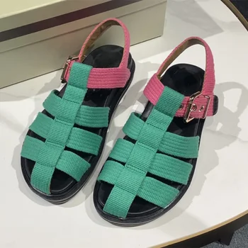 Дамски сандали 2022 Нови Модни сандали, летни плажни ежедневни чехли, боядисана жена удобни обувки на плоска подметка с тока и каишка