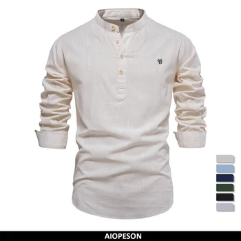 AIOPESON, Мъжки Ризи 100% памук с бродерия и Яка-часова, Обикновена Риза с дълъг ръкав за Мъже, Нови Пролетни Модни Ризи За Мъже