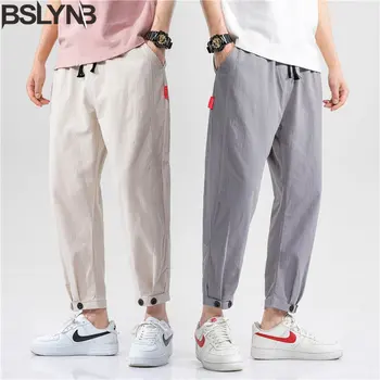 Нови мъжки обикновена ежедневни памук, ленени панталони, свободни директни ежедневни универсални панталони, мъжки модни спортни панталони за улици