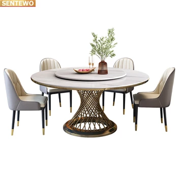 Дизайнерска луксозна кръгла трапезария с мраморна печка и маса за хранене с 8 стола, мебели mesa de comedor, Неръждаема стомана, златно основа