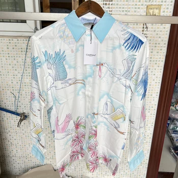 Реална Снимка Риза Казабланка Страхотна Госпожица Цветен принт Плажен Курорт Тънък Стил Дишащи мъжки, дамски ризи с дълъг ръкав