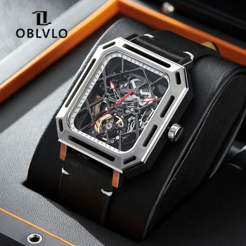 OBLVLO Нови модни автоматични механични часовници за мъже, правоъгълни часовници с виртуален скелет, сапфирен кристал, водоустойчив часовници
