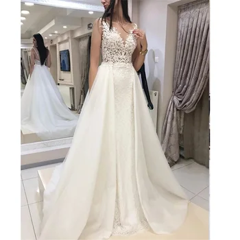 Сватбени рокли Lurxy 2020, дантелено рокля с V-образно деколте, атласное дантела, Дължина до пода, Индивидуални размери, сватбена рокля е роклята на булката, vestido de noiva